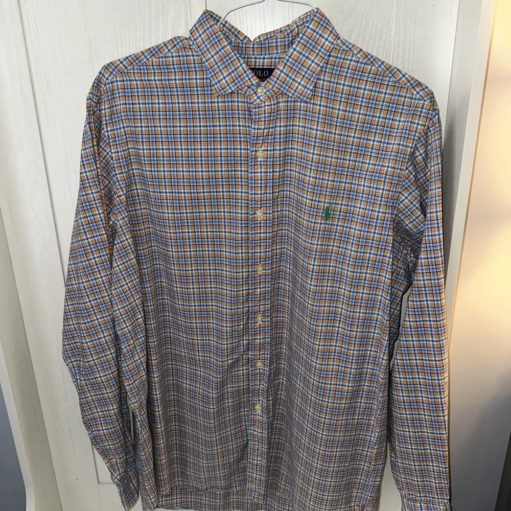 Polo Ralph Lauren Mens Button Down Plaid XL 100%Cotton Stretch Orange Blue